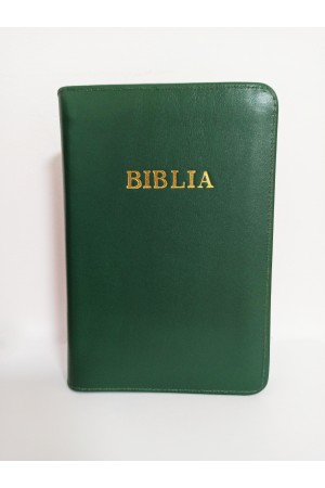 Biblie din piele, marime medie, culoare, verde iarbă, fermoar, index, margini aurii, cuv. lui Isus cu rosu [SB 057 PFI]