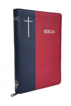  Biblie mare, piele ecologica, bleumarin / visiniu, fermoar, index, cuv. Isus cu rosu [SI 073 FI]