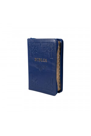 Biblia din piele, handmade, marime medie, culoare albastru indigo, fermoar,margini aurii cu index, cuv. lui Isus cu rosu [057 HM]