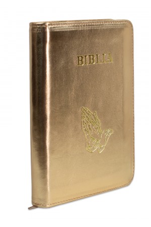 Biblie din piele, marime medie, culoare auriu sidefat, simbol maini in rugaciune, fermoar, index, margini aurii, cuv. lui Isus cu rosu [SB 057 PFI]
