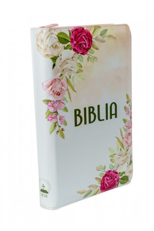 Biblie marime medie, piele ecologică, model floral alb, fermoar, index, margini aurii, cuv. lui Isus cu rosu [057 F]