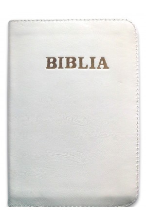 Biblie mare, piele, culoare alba, fermoar, index, margini argintii, simbol simpla, cuv. Isus cu rosu [SI 073 PFI]