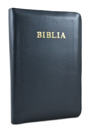 Biblie mare, piele naturală, neagra, fermoar, index, margini argintii, cuv. Isus cu rosu [SI 073 PFI]