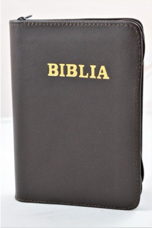 Biblia format mic, din piele, culoare maro inchis, index, fermoar, margini argintii, cuv. lui Isus in rosu [047 PFI]