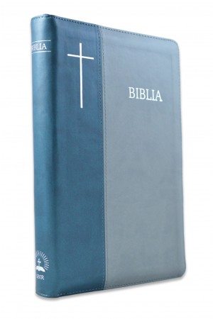 Biblie mare, piele ecologica, albastru petrol / gri, fermoar, index, cuv. Isus cu rosu [SI 073 FI]