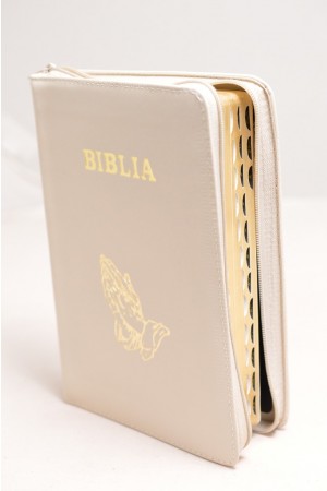 Biblie din piele, marime medie, culoare crem, simbol maini in rugaciune, fermoar, index, margini aurii, [SB 057 PFI]