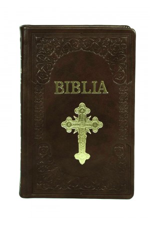 Biblie mare, piele, handmade, maro, simbol cruce,  index, margini aurii,  cuv. Isus cu rosu [SI 076 HM]