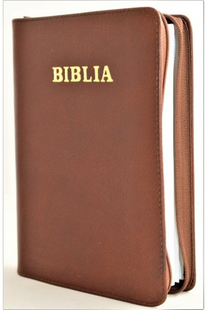 Biblia din piele, marime medie, maro - roscat, fermoar, cuv. lui Isus cu rosu [053]