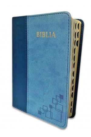  Biblie marime mica, piele ecologica, nuante de albastru, index, margini argintate, cuv. Isus rosu,cu index [SI 046 TI]