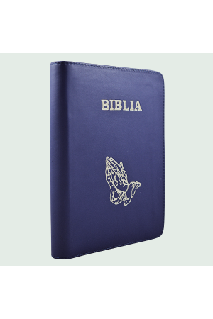 Biblie mare, piele, culoare albastru, fermoar, index, margini argintii, simbol maini, cuv. Isus cu rosu [SI 073 PFI]