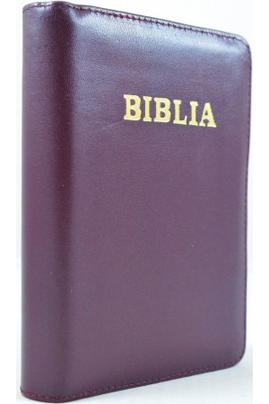 Biblie din piele, marime medie, culoare visiniu inchis, fermoar, margini albe,cuv. lui Isus cu rosu [053]