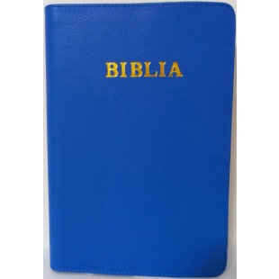Biblie mare, piele, culoare albastra, fermoar, index, margini argintii, simbol simpla, cuv. Isus cu rosu [SI 073 PFI]