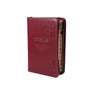 Biblia din piele, handmade, marime medie, culoare vișiniu, fermoar,margini aurii cu index, cuv. lui Isus cu rosu [057 HM]