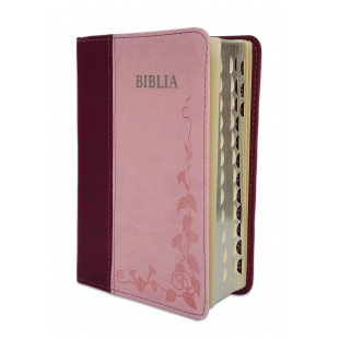  Biblie marime mica, piele ecologica, mov|roz , index, margini argintate, cuv. Isus rosu [SI 046 TI]