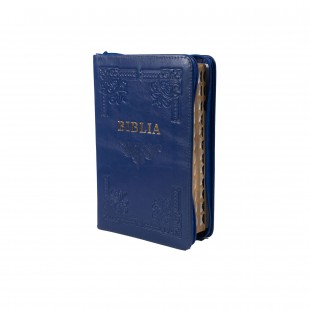 Biblia din piele, handmade, marime medie, culoare albastru indigo, fermoar,margini aurii cu index, cuv. lui Isus cu rosu [057 HM]