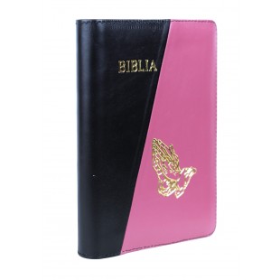 Biblie din piele, marime medie, culoare, negru cu roz, simbol maini in rugaciune, fermoar, index, margini aurii, cuv. lui Isus cu rosu [SB 057 PFI]