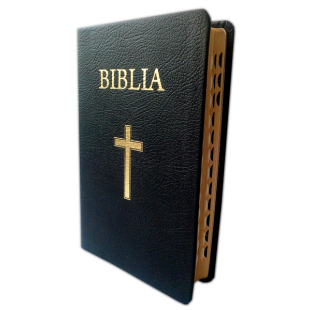Biblia marime medie, din piele, neagra, index, aurita, cu cruce