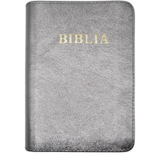 Biblia mica, coperta piele, culoare, argintiu sidefat, index, fermoar, margini aurii, cuv. lui Isus in rosu [047 PFI]
