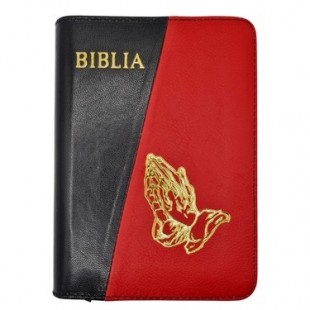 Biblia mica, coperta piele, culoare, negru cu roșu, index, fermoar, margini aurii,  simbolul maini, cuv. lui Isus in rosu [047 PFI]