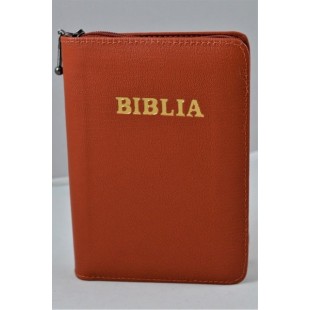 Biblia mica, coperta piele, culoare, portocaliu, index, fermoar, margini aurii, cuv. lui Isus in rosu [047 PFI]
