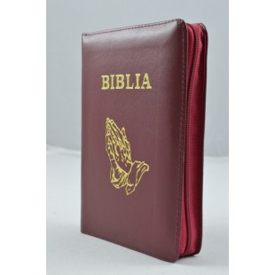 Biblie mica, piele, visinie, index, fermoar, margini aurii, cuv. lui Isus in rosu, simbol maini [047 PFI]