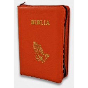 Biblia format mic, din piele, culoare portocaliu, index, fermoar, margini aurii, simbol maini, cuv. lui Isus in rosu [047 PFI]
