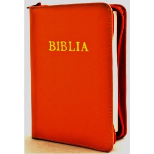 Biblie din piele, marime medie, culoare, portocaliu închis, fermoar, margini albe,  cuv. lui Isus cu rosu [053]