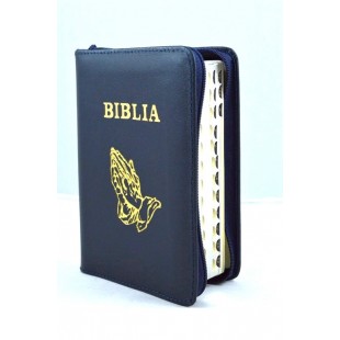 Biblia mica, coperta piele, bleumarin, index, fermoar, margini aurii,  simbolul maini, cuv. lui Isus in rosu [047 PFI]
