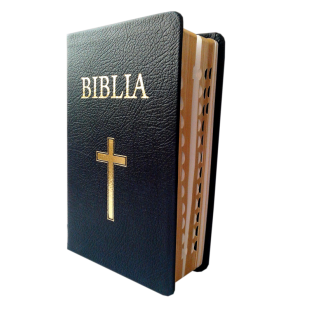 Biblia medie, din piele, neagra, margini aurii, index, cu cruce [053 PI]