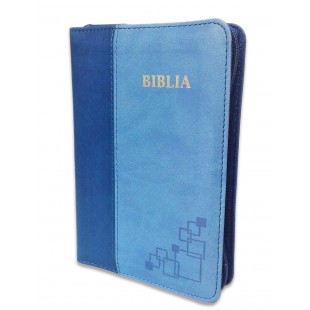 Biblie mica, piele ecologica, nuante de albastru, fermoar, index, margini argintate, cuv. lui Isus cu rosu [SI 046 ZTI]